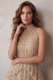 Vestido de cóctel midi sin mangas con volantes y cuello alto lentejuelas