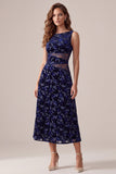 Vestido de cóctel midi de cuello bateau azul marino con cuello en A y estampado de terciopelo con recorte