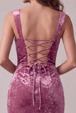 Fuchsia Bodycon Sweetheart Velvet Ruched Midi Cocktail Dress con abertura