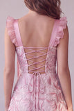 Vestido de invitado midi de satén fruncido en forma de A-Line rosa con lentejuelas