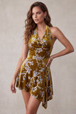 Vestido de cóctel corto alto y asimétrico con estampado floral dorado mostaza
