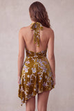 Vestido de cóctel corto alto y asimétrico con estampado floral dorado mostaza