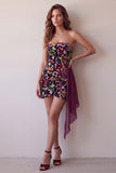 Vestido corto bodycon sin tirantes con estampado de terciopelo burdeos y drapeado