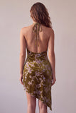 Vestido de cóctel corto asimétrico con estampado de terciopelo mostaza dorado