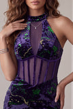 Corsé de cuello alto con terciopelo bodycon transparente y vestido corto de cóctel