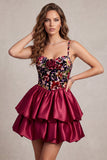 Corsé rojo de terciopelo burbuja con vestido corto de línea A con volantes y flor 3D