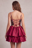 Corsé rojo de terciopelo burbuja con vestido corto de línea A con volantes y flor 3D