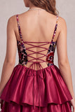 Corsé rojo de terciopelo burbuja con vestido corto de línea A con volantes y flor 3D