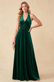 Vestido formal Maxi de terciopelo en V con y escote en A verde oscuro