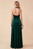 Vestido formal Maxi de terciopelo en V con y escote en A verde oscuro