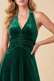 Vestido formal Maxi de terciopelo en V con y escote en A verde oscuro