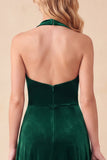 Vestido formal Maxi de terciopelo en V con y escote en A verde oscuro