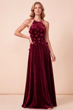 Vestido formal largo de terciopelo 3D de A-Line burdeos con abalorios