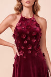 Vestido formal largo de terciopelo 3D de A-Line burdeos con abalorios