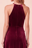Vestido formal largo de terciopelo 3D de A-Line burdeos con abalorios
