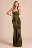 Vestido formal Maxi de cinturón de terciopelo oliva sin tirantes y fruncido