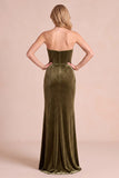 Vestido formal Maxi de cinturón de terciopelo oliva sin tirantes y fruncido