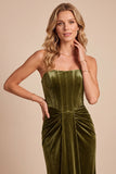 Vestido formal Maxi de cinturón de terciopelo oliva sin tirantes y fruncido