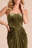 Vestido formal Maxi de cinturón de terciopelo oliva sin tirantes y fruncido