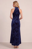 Vestido formal Maxi de capucha azul marino con escote alto y bajo de terciopelo con drapeado