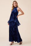Vestido formal Maxi de terciopelo azul marino con volantes y terciopelo A-Line