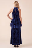Vestido formal Maxi de terciopelo azul marino con volantes y terciopelo A-Line