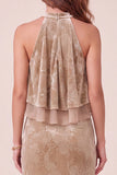 Vestido Maxi de Cintura Champagne con cuello alto y volantes