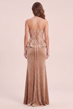 Sirena caqui sin tirantes de terciopelo vestido formal largo con apliques