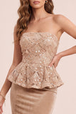 Sirena caqui sin tirantes de terciopelo vestido formal largo con apliques