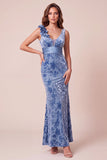Vestido formal largo de tul asimétrico de terciopelo sirena azul con cuello en V y flor 3D