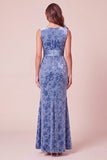 Vestido formal largo de tul asimétrico de terciopelo sirena azul con cuello en V y flor 3D