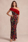 Vestido formal Maxi asimétrico de terciopelo de un solo hombro con estampado de sirena roja