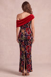 Vestido formal Maxi asimétrico de terciopelo de un solo hombro con estampado de sirena roja