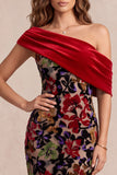 Vestido formal Maxi asimétrico de terciopelo de un solo hombro con estampado de sirena roja