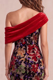 Vestido formal Maxi asimétrico de terciopelo de un solo hombro con estampado de sirena roja