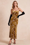 Vestido formal Maxi de tirantes finos de dorado mostaza con de terciopelo