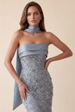 Vestido formal Maxi de satén de satín Bodycon Bodycon Gris Azul, Vestido Formal Maxi con Aplicaciones