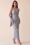 Vestido formal Maxi de satén de satín Bodycon Bodycon Gris Azul, Vestido Formal Maxi con Aplicaciones