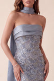 Vestido formal Maxi de satén de satín Bodycon Bodycon Gris Azul, Vestido Formal Maxi con Aplicaciones