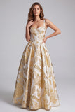 Corsé Champagne Jacquard de tirantes gruesos Maxi Vestido formal