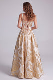 Corsé Champagne Jacquard de tirantes gruesos Maxi Vestido formal