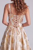 Corsé Champagne Jacquard de tirantes gruesos Maxi Vestido formal