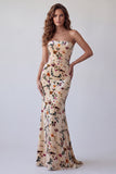 Vestido Maxi de sirena sin tirantes de terciopelo estampado de champán