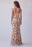 Vestido Maxi de sirena sin tirantes de terciopelo estampado de champán