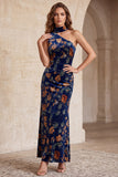 Vestido formal Maxi de terciopelo estampado de un hombro en funda azul oscuro