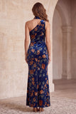 Vestido formal Maxi de terciopelo estampado de un hombro en funda azul oscuro