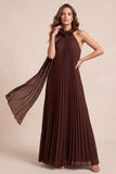 Vestido formal Maxi plisado de Chocolates A-Line Halter con Flor 3D