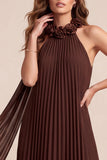 Vestido formal Maxi plisado de Chocolates A-Line Halter con Flor 3D