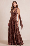 Chocolate Camisón A-Line Terciopelo Haller Floral Maxi Vestido Formal con Faixa de Gasa