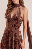 Chocolate Camisón A-Line Terciopelo Haller Floral Maxi Vestido Formal con Faixa de Gasa